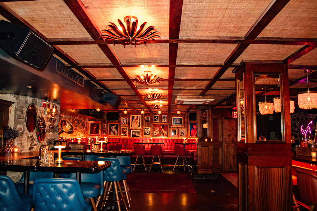 vintage room with red and blue seats
